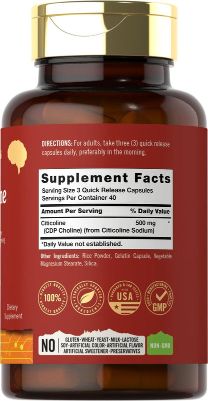 Tahoe Nutritionals Citicolin Supplement | 500mg | 120 Kapseln | CDP-Cholin | Therapeutische Qualität | Non-GMO & Glutenfrei