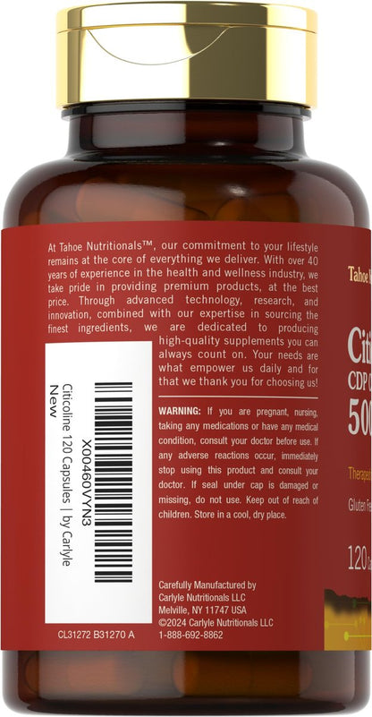 Tahoe Nutritionals Citicolin Supplement | 500mg | 120 Kapseln | CDP-Cholin | Therapeutische Qualität | Non-GMO & Glutenfrei