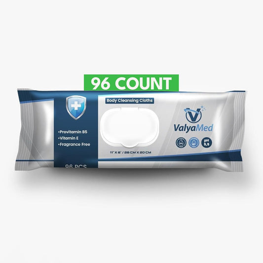 ValyaMed Körperpflegetücher für Erwachsene, XL für den ganzen Körper, Erwachsene und Senioren, Alkoholfrei, Parfümfrei, mit Vitamin E und Provitamin B5, 28 x 20 cm, 96 Tücher (Einzelpackung)
