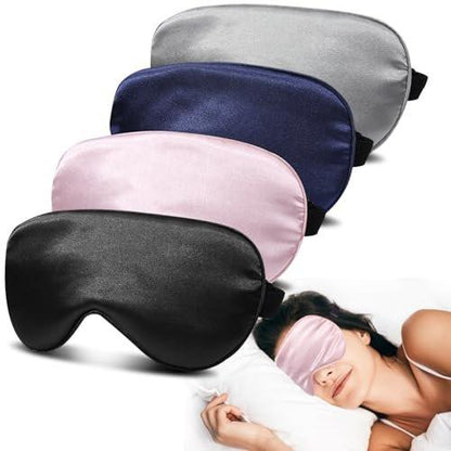 JroyJoy Seiden Schlafmasken - 4er Pack Superweiche Augenmaske für Damen & Herren - 100% Lichtdicht - Null Augeninnendruck - Schlafbrille mit verstellbarem Band - Reise-Augenabdeckung (Schwarz, Pink, Blau, Grau)