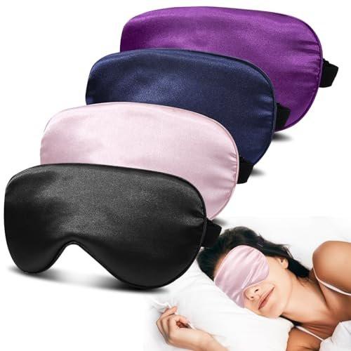 JroyJoy 4er-Pack Seiden Schlafmaske – 100% Lichtundurchlässig, Null Augeninnendruck, Schlafbrille mit Verstellbarem Band, Super Weiche Reise-Augenabdeckung (Schwarz, Pink, Blau, Lila)