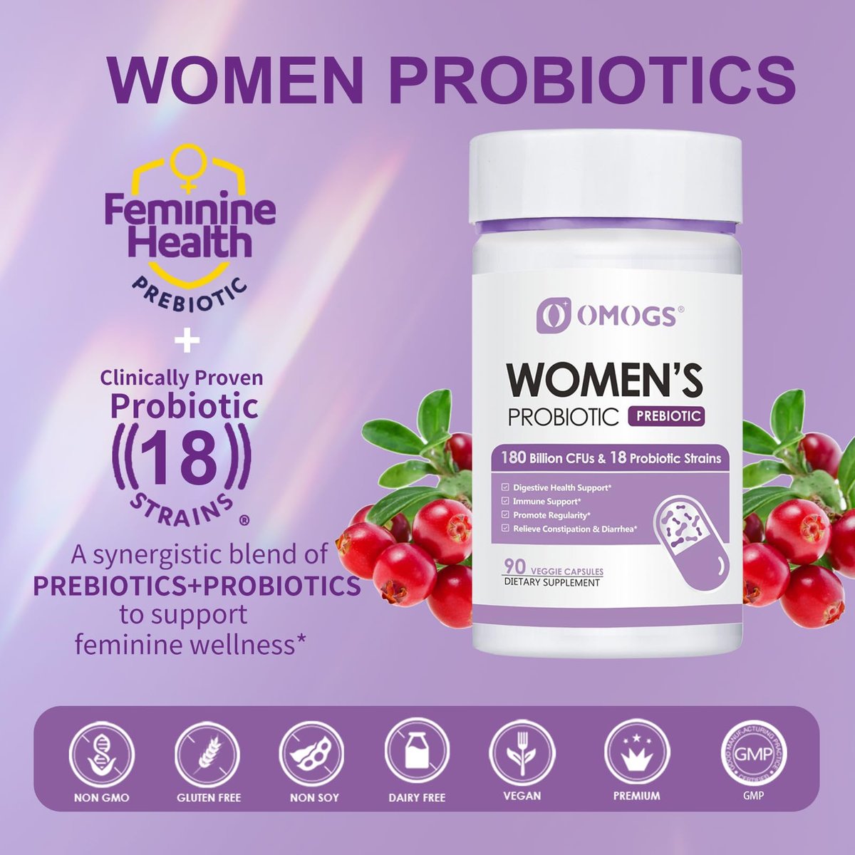 OMOGS Frauen Probiotikum 180 Milliarden KBE, 18 Stämme mit organischen Präbiotika, Cranberry-Extrakt, D-Mannose & Verdauungsenzyme – für Verdauung, Immunsystem, pH-Gleichgewicht & Harnwegsgesundheit, 90 Kapseln