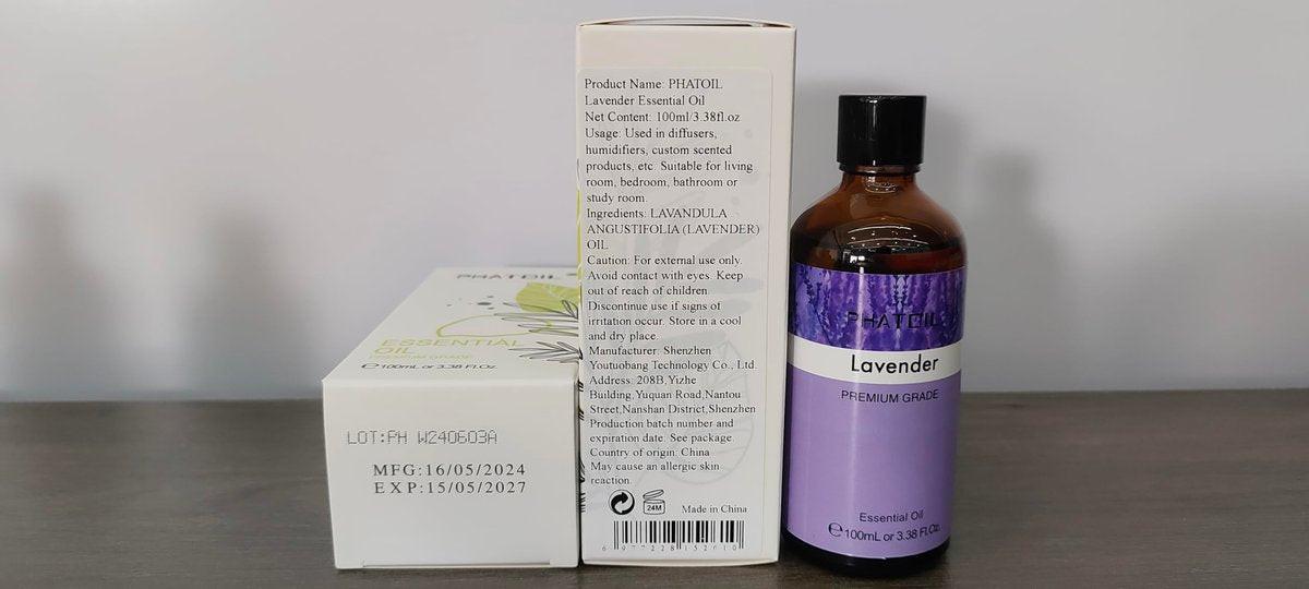 Lavendel 3,38 fl.oz Ätherisches Öl, PHATOIL Aromatherapie-Öl für Diffuser, Luftbefeuchter, Perfekt für DIY Seife, Kerzen, Badebomben (100ml)