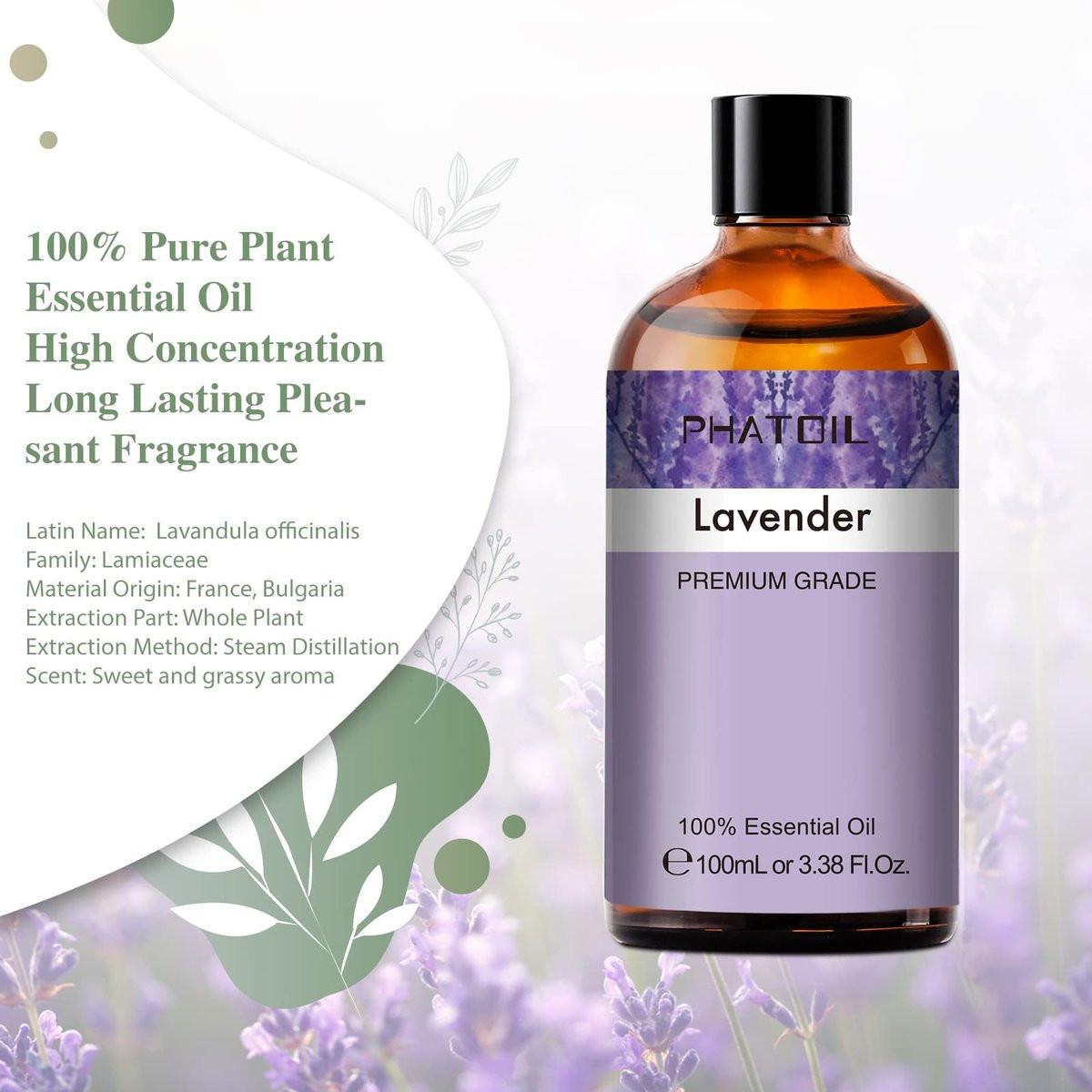 Lavendel 3,38 fl.oz Ätherisches Öl, PHATOIL Aromatherapie-Öl für Diffuser, Luftbefeuchter, Perfekt für DIY Seife, Kerzen, Badebomben (100ml)