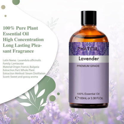 Lavendel 3,38 fl.oz Ätherisches Öl, PHATOIL Aromatherapie-Öl für Diffuser, Luftbefeuchter, Perfekt für DIY Seife, Kerzen, Badebomben (100ml)