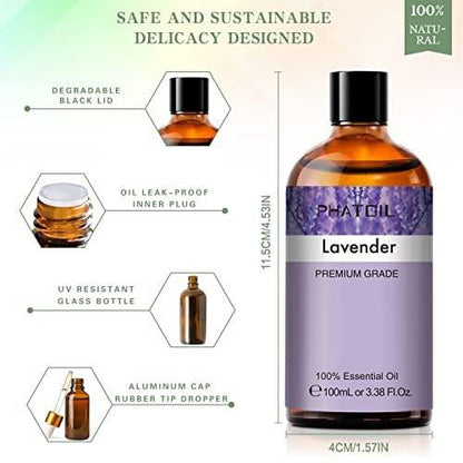 Lavendel 3,38 fl.oz Ätherisches Öl, PHATOIL Aromatherapie-Öl für Diffuser, Luftbefeuchter, Perfekt für DIY Seife, Kerzen, Badebomben (100ml)