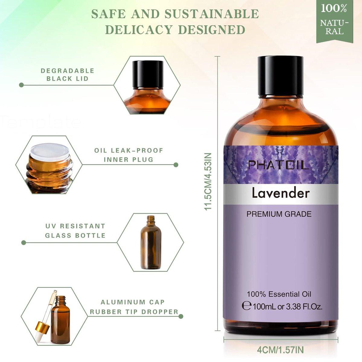 Lavendel 3,38 fl.oz Ätherisches Öl, PHATOIL Aromatherapie-Öl für Diffuser, Luftbefeuchter, Perfekt für DIY Seife, Kerzen, Badebomben (100ml)