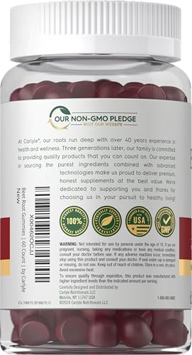Carlyle Rote-Bete-Gummis | 60 Stück | Extrakt mit schwarzem Pfeffer und Vitamin C | für Männer & Frauen | Beta Vulgaris | Erdbeergeschmack | Vegan, Nicht-GVO und Glutenfrei