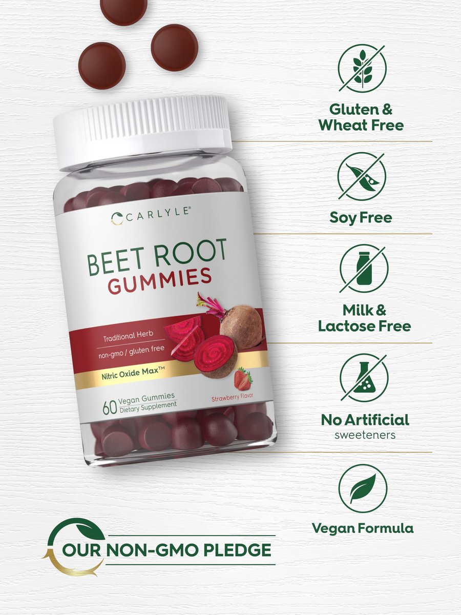 Carlyle Rote-Bete-Gummis | 60 Stück | Extrakt mit schwarzem Pfeffer und Vitamin C | für Männer & Frauen | Beta Vulgaris | Erdbeergeschmack | Vegan, Nicht-GVO und Glutenfrei