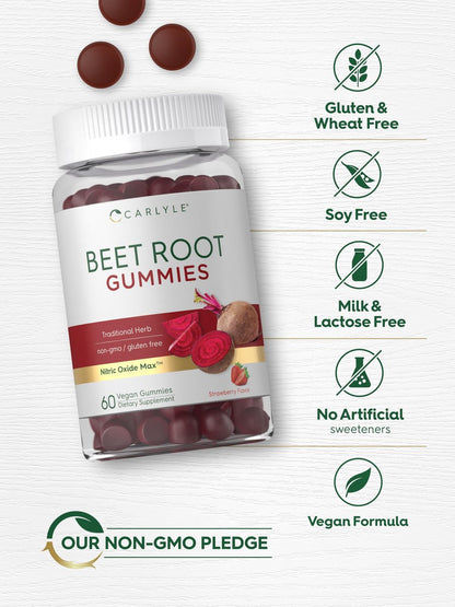 Carlyle Rote-Bete-Gummis | 60 Stück | Extrakt mit schwarzem Pfeffer und Vitamin C | für Männer & Frauen | Beta Vulgaris | Erdbeergeschmack | Vegan, Nicht-GVO und Glutenfrei