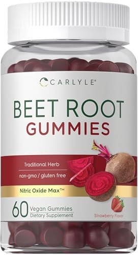 Carlyle Rote-Bete-Gummis | 60 Stück | Extrakt mit schwarzem Pfeffer und Vitamin C | für Männer & Frauen | Beta Vulgaris | Erdbeergeschmack | Vegan, Nicht-GVO und Glutenfrei