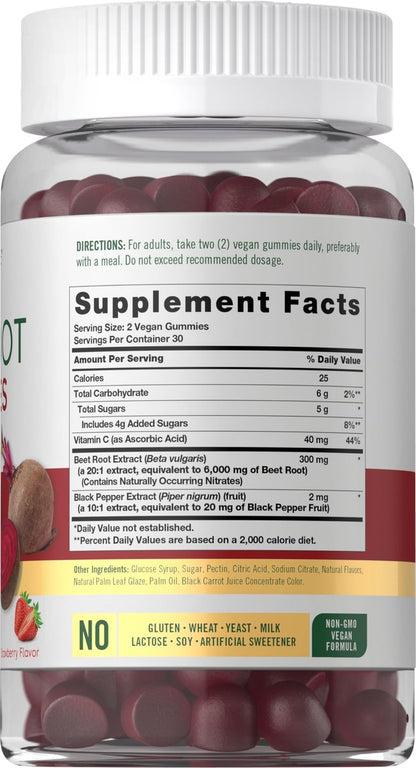 Carlyle Rote-Bete-Gummis | 60 Stück | Extrakt mit schwarzem Pfeffer und Vitamin C | für Männer & Frauen | Beta Vulgaris | Erdbeergeschmack | Vegan, Nicht-GVO und Glutenfrei