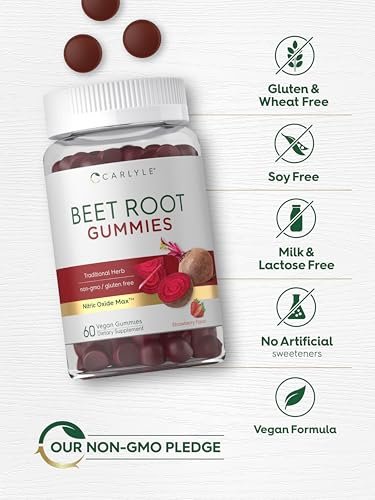 Carlyle Rote-Bete-Gummis | 60 Stück | Extrakt mit schwarzem Pfeffer und Vitamin C | für Männer & Frauen | Beta Vulgaris | Erdbeergeschmack | Vegan, Nicht-GVO und Glutenfrei