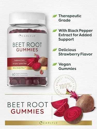 Carlyle Rote-Bete-Gummis | 60 Stück | Extrakt mit schwarzem Pfeffer und Vitamin C | für Männer & Frauen | Beta Vulgaris | Erdbeergeschmack | Vegan, Nicht-GVO und Glutenfrei