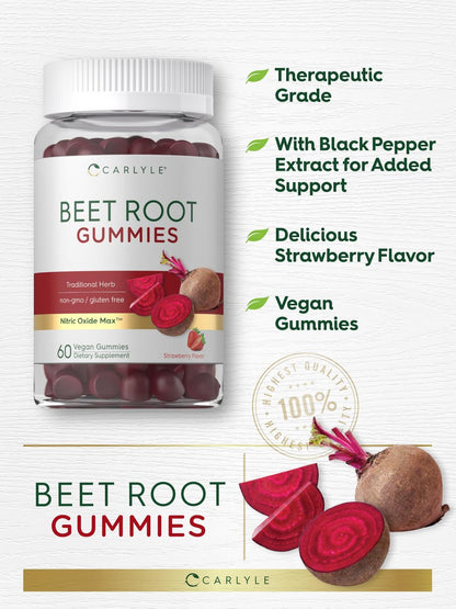 Carlyle Rote-Bete-Gummis | 60 Stück | Extrakt mit schwarzem Pfeffer und Vitamin C | für Männer & Frauen | Beta Vulgaris | Erdbeergeschmack | Vegan, Nicht-GVO und Glutenfrei
