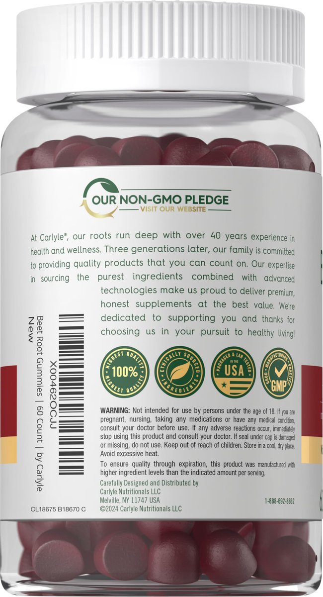 Carlyle Rote-Bete-Gummis | 60 Stück | Extrakt mit schwarzem Pfeffer und Vitamin C | für Männer & Frauen | Beta Vulgaris | Erdbeergeschmack | Vegan, Nicht-GVO und Glutenfrei