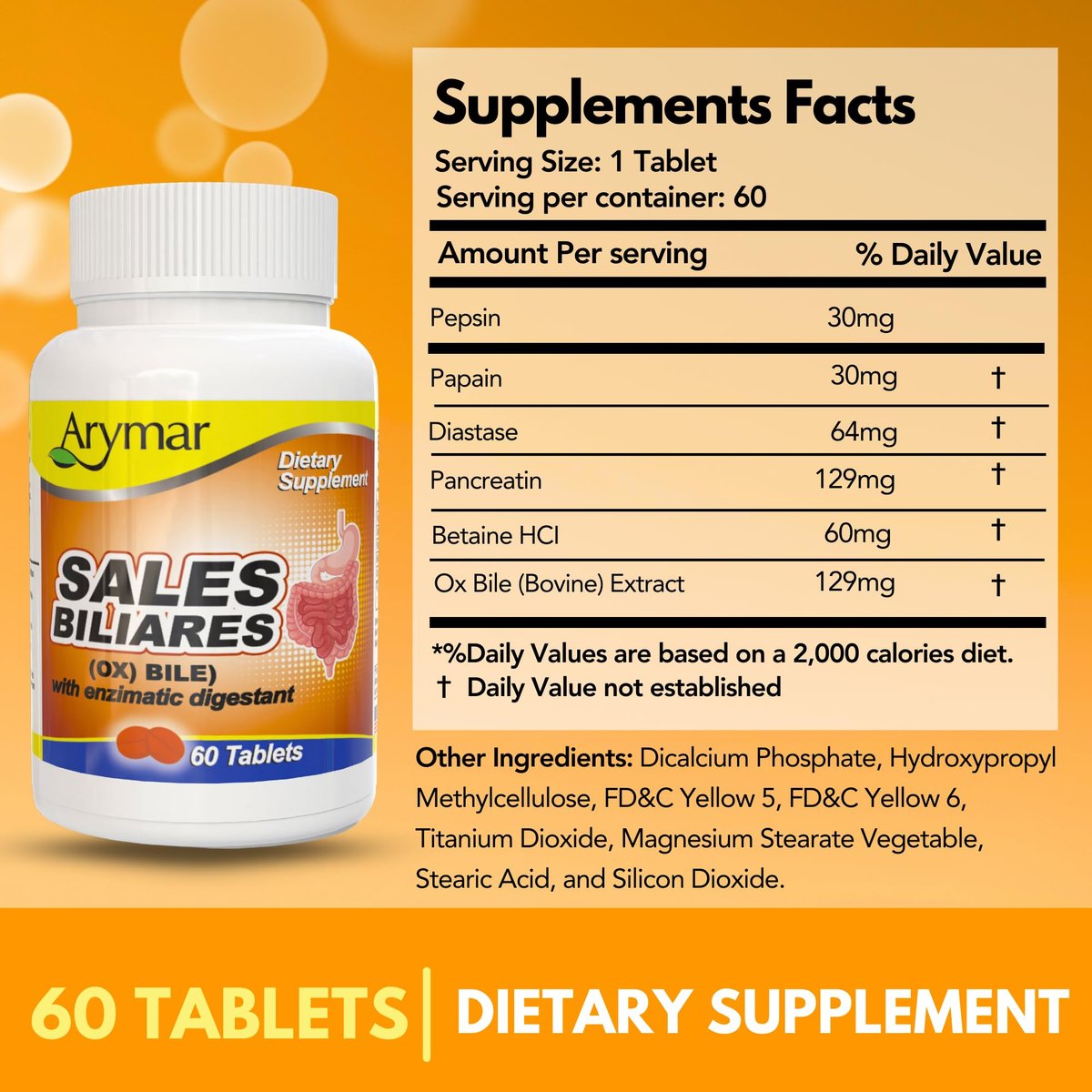 Arymar Sales Biliares Ox Galle mit Verdauungsenzymen 60 Tabletten