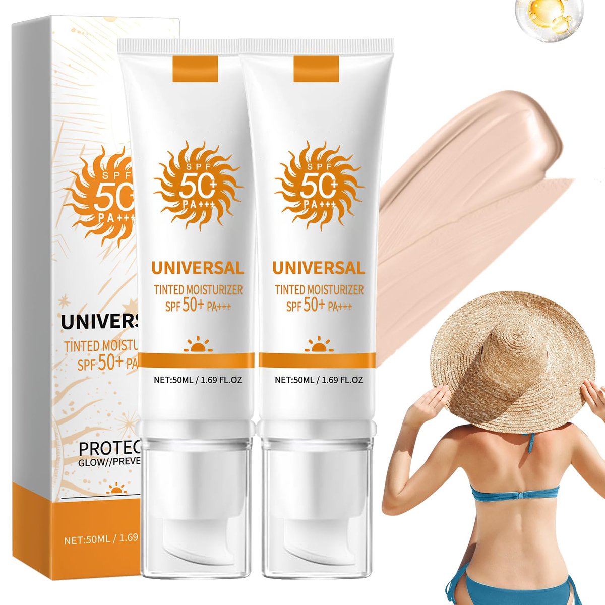 Getönte Gesichts-Sonnencreme SPF 50, Universeller Sonnenschutz mit Farbe, Feuchtigkeitsspendende Sonnenessenz, Klebrigkeitsfrei | Reisegröße (2er-Pack)