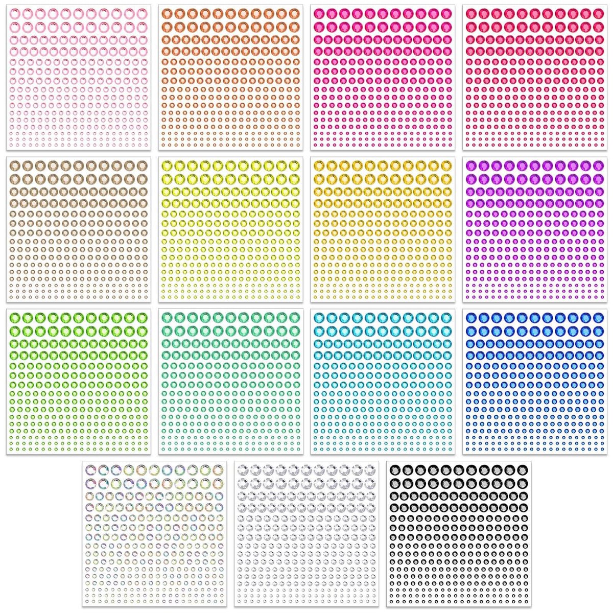 Tidponra 4170 Stücke selbstklebende Strass Aufkleber für Gesicht, Haare, Körper Make-up, 6 Größen, 15 Farben, Glitzer Steine für DIY Basteln, Karten Dekoration