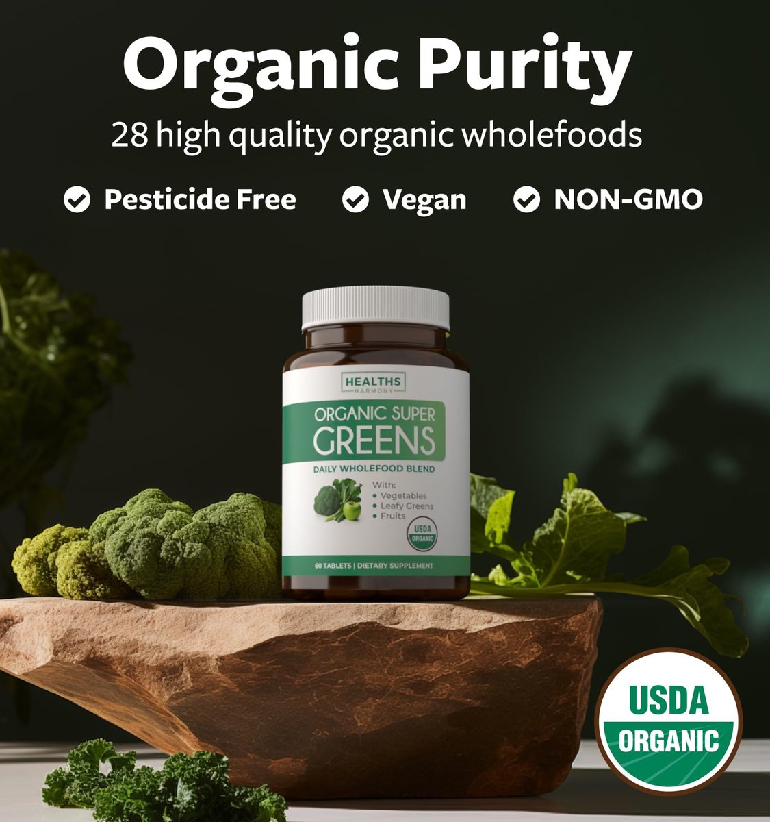 Bio Super Greens Pulver – Organische Früchte & Gemüse für Erwachsene mit 28 Superfoods, vegan & non-GMO (1-Monatsvorrat)