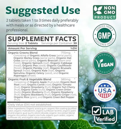 Bio Super Greens Pulver – Organische Früchte & Gemüse für Erwachsene mit 28 Superfoods, vegan & non-GMO (1-Monatsvorrat)