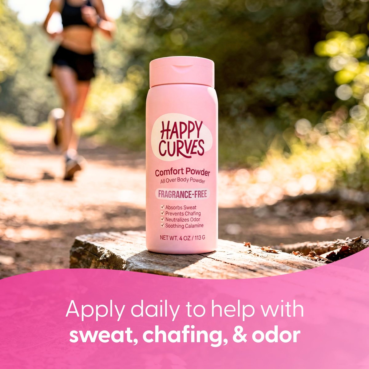 HAPPY CURVES Comfort Powder – Talkfreies Anti-Chafe Körper- & Fußpuder, Deodorant für innere Oberschenkel, Intimbereich & Ganzkörper, 113 g (1er-Pack), Duftfrei