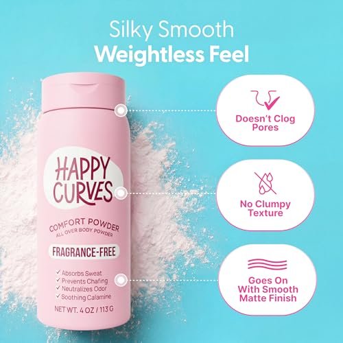 HAPPY CURVES Comfort Powder – Talkfreies Anti-Chafe Körper- & Fußpuder, Deodorant für innere Oberschenkel, Intimbereich & Ganzkörper, 113 g (1er-Pack), Duftfrei