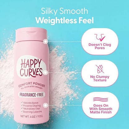 HAPPY CURVES Comfort Powder – Talkfreies Anti-Chafe Körper- & Fußpuder, Deodorant für innere Oberschenkel, Intimbereich & Ganzkörper, 113 g (1er-Pack), Duftfrei