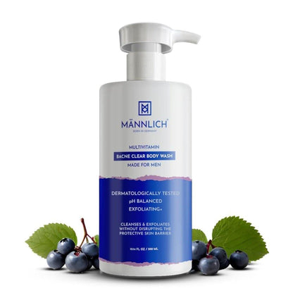 Mannlich 2% Salicylsäure Body Acne Wash für Männer - Bacne Clear Body Wash Duschgel - 3% Niacinamid beugt Körperakne vor, peelt & pflegt die Haut 300 ml (1er Pack) Bacne Clear Bodywash