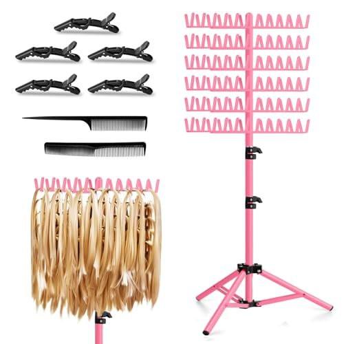 JANMPASK Höhenverstellbarer Flechtständer für Haarverlängerungen – 144 Haken, Rosa, Einfach zu Montieren