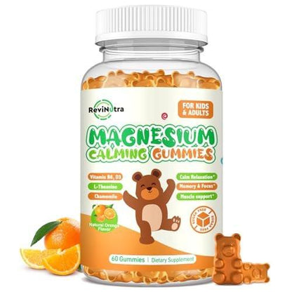 ReviNutra Magnesium Gummis für Kinder & Erwachsene – Magnesiumglycinat mit L-Theanin, Vitamin B6, D3 – Zuckerfrei, Orange, 60 Stück