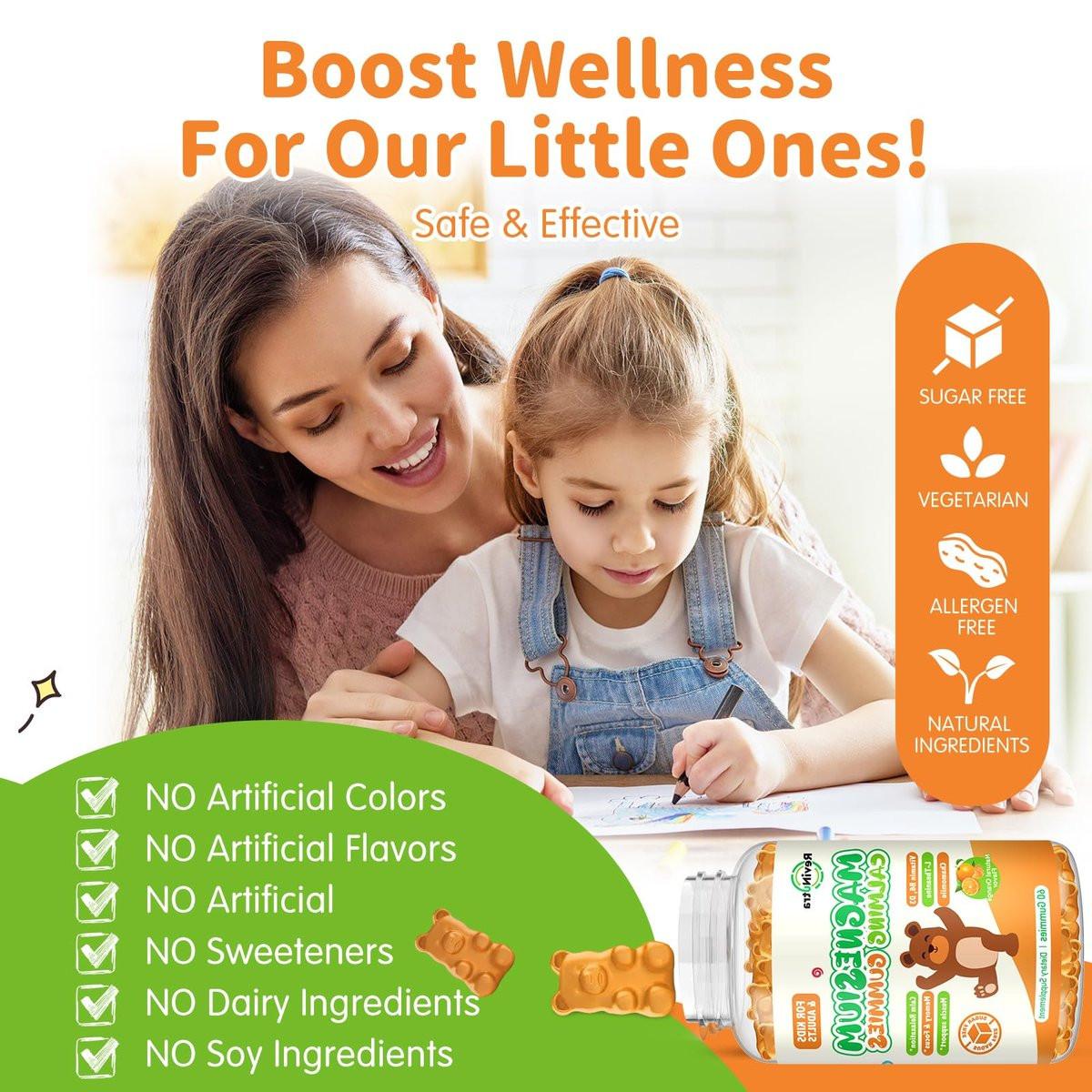 ReviNutra Magnesium Gummis für Kinder & Erwachsene – Magnesiumglycinat mit L-Theanin, Vitamin B6, D3 – Zuckerfrei, Orange, 60 Stück