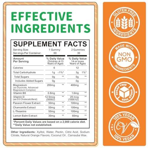 ReviNutra Magnesium Gummis für Kinder & Erwachsene – Magnesiumglycinat mit L-Theanin, Vitamin B6, D3 – Zuckerfrei, Orange, 60 Stück
