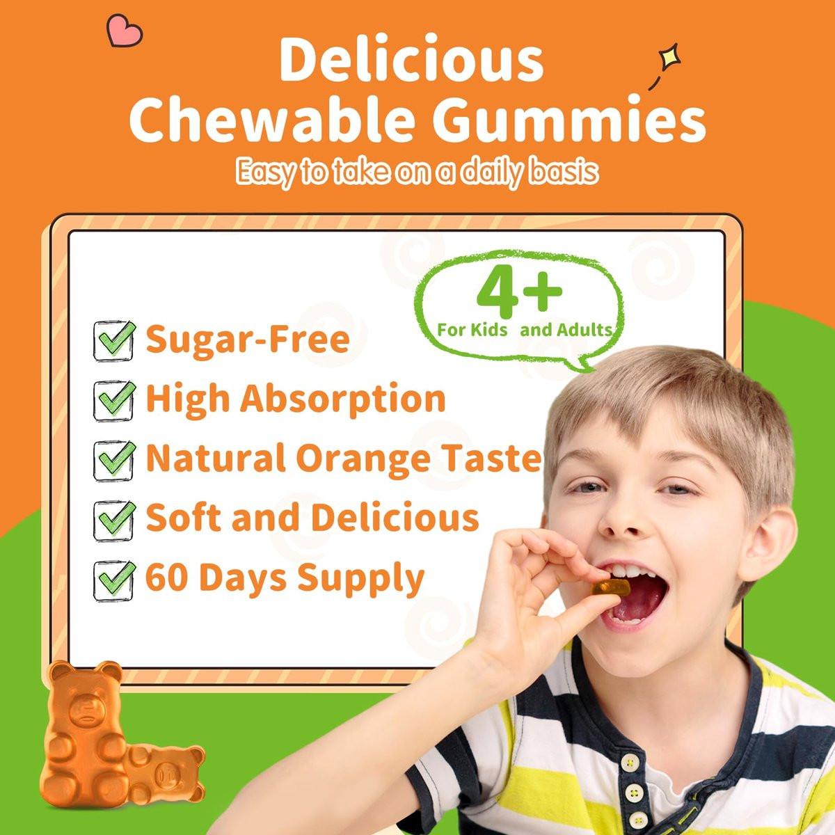 ReviNutra Magnesium Gummis für Kinder & Erwachsene – Magnesiumglycinat mit L-Theanin, Vitamin B6, D3 – Zuckerfrei, Orange, 60 Stück