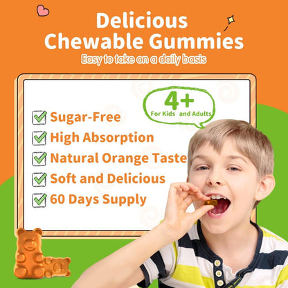 ReviNutra Magnesium Gummis für Kinder & Erwachsene – Magnesiumglycinat mit L-Theanin, Vitamin B6, D3 – Zuckerfrei, Orange, 60 Stück