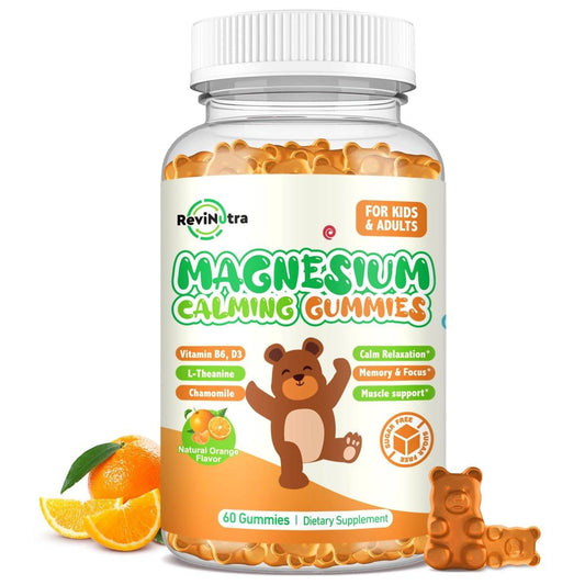 ReviNutra Magnesium Gummis für Kinder & Erwachsene – Magnesiumglycinat mit L-Theanin, Vitamin B6, D3 – Zuckerfrei, Orange, 60 Stück