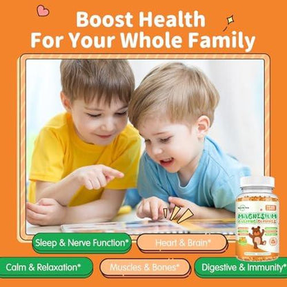 ReviNutra Magnesium Gummis für Kinder & Erwachsene – Magnesiumglycinat mit L-Theanin, Vitamin B6, D3 – Zuckerfrei, Orange, 60 Stück