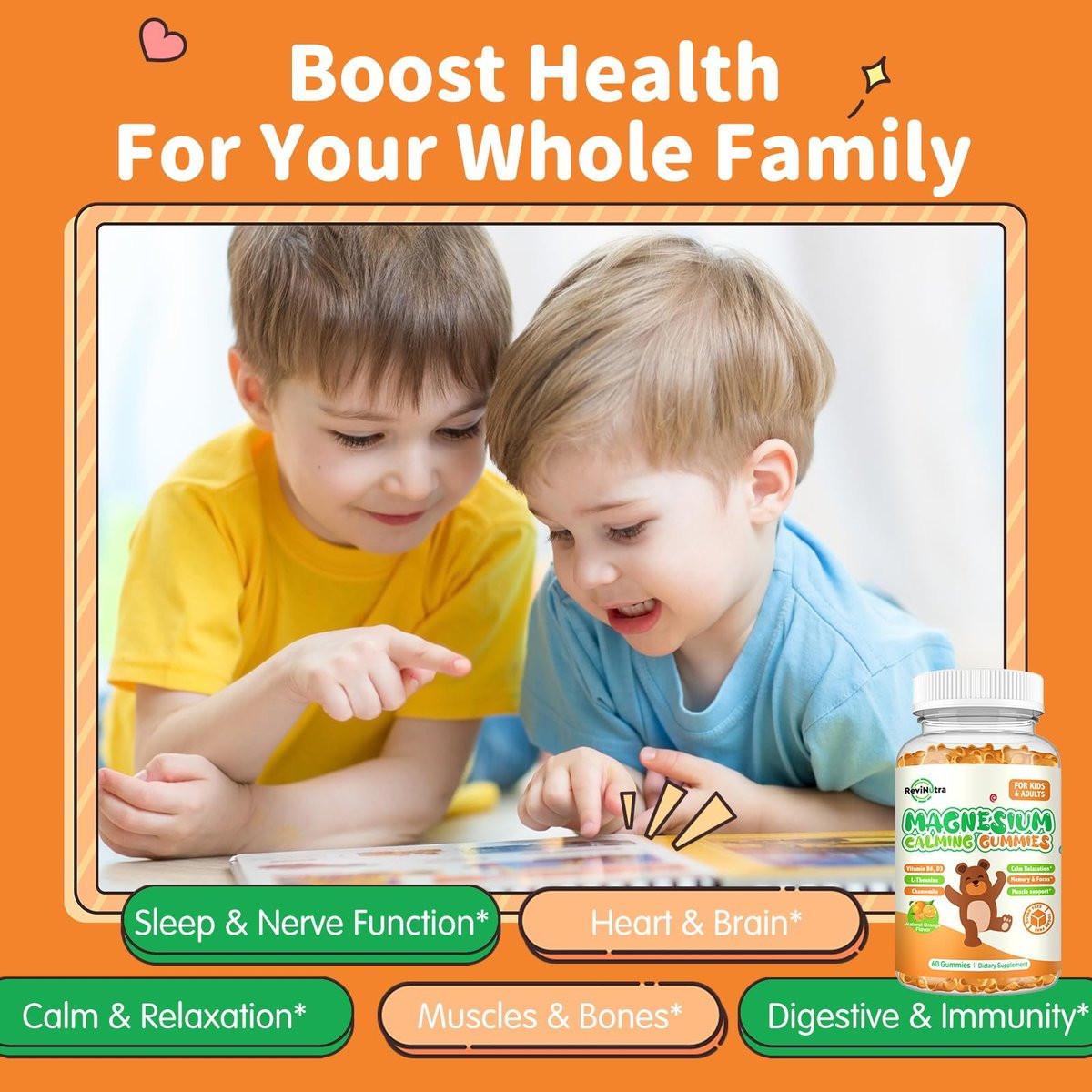 ReviNutra Magnesium Gummis für Kinder & Erwachsene – Magnesiumglycinat mit L-Theanin, Vitamin B6, D3 – Zuckerfrei, Orange, 60 Stück