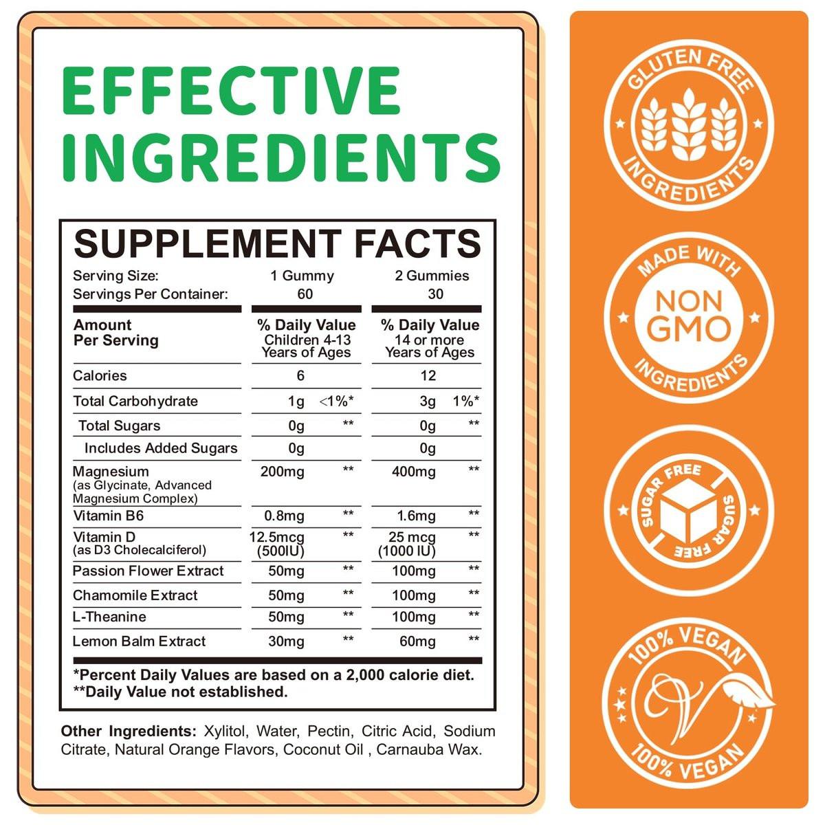 ReviNutra Magnesium Gummis für Kinder & Erwachsene – Magnesiumglycinat mit L-Theanin, Vitamin B6, D3 – Zuckerfrei, Orange, 60 Stück