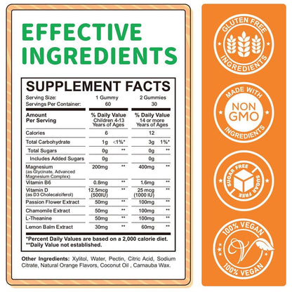 ReviNutra Magnesium Gummis für Kinder & Erwachsene – Magnesiumglycinat mit L-Theanin, Vitamin B6, D3 – Zuckerfrei, Orange, 60 Stück