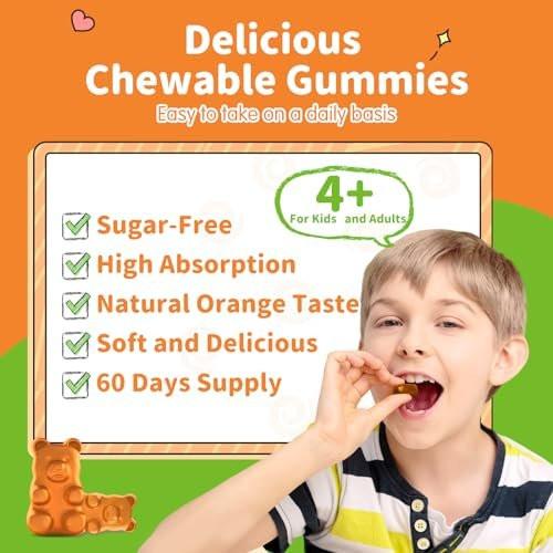 ReviNutra Magnesium Gummis für Kinder & Erwachsene – Magnesiumglycinat mit L-Theanin, Vitamin B6, D3 – Zuckerfrei, Orange, 60 Stück