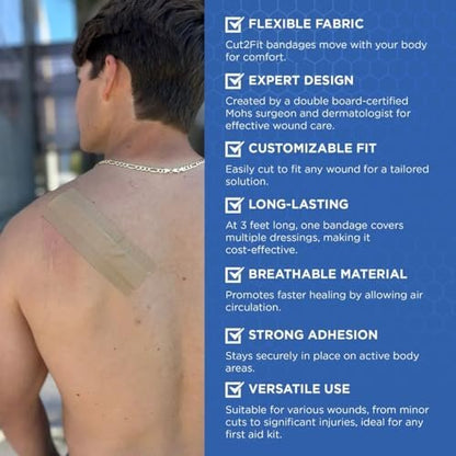 Cut2Fit Klebebandagen – Flexible Stoffbandage für Wundversorgung & Erste Hilfe, Lang haftend & Atmungsaktiv – Individuelle Größe für kleine Schnitte & Schrammen, 1 Meter Länge (Klein)