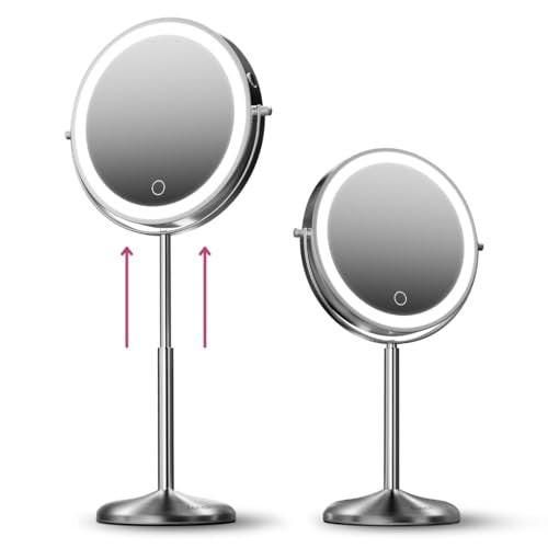Fancii 9-Zoll beleuchteter Make-up-Spiegel höhenverstellbar mit 10X/1X Vergrößerung - wiederaufladbar, doppelseitiger LED-Schminkspiegel mit Standfuß, 360° drehbar