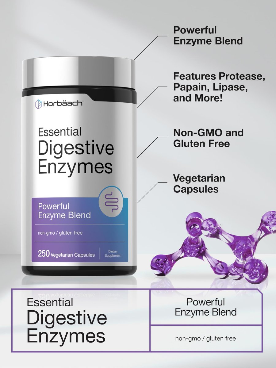 Horbäach Essentielle Verdauungsenzyme | 250 Kapseln | Leistungsstarke Enzymmischung für Männer & Frauen | Non-GMO & Glutenfrei