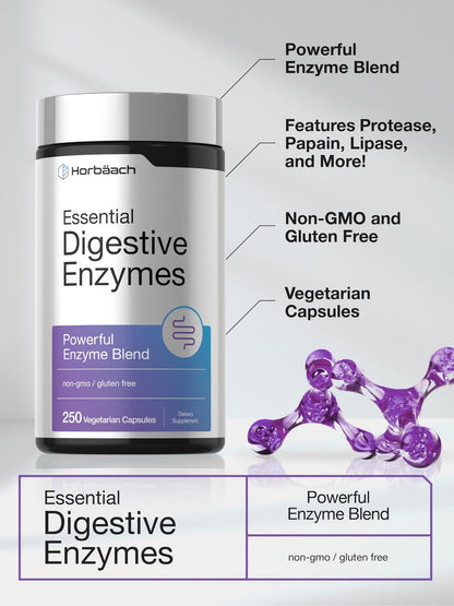 Horbäach Essentielle Verdauungsenzyme | 250 Kapseln | Leistungsstarke Enzymmischung für Männer & Frauen | Non-GMO & Glutenfrei