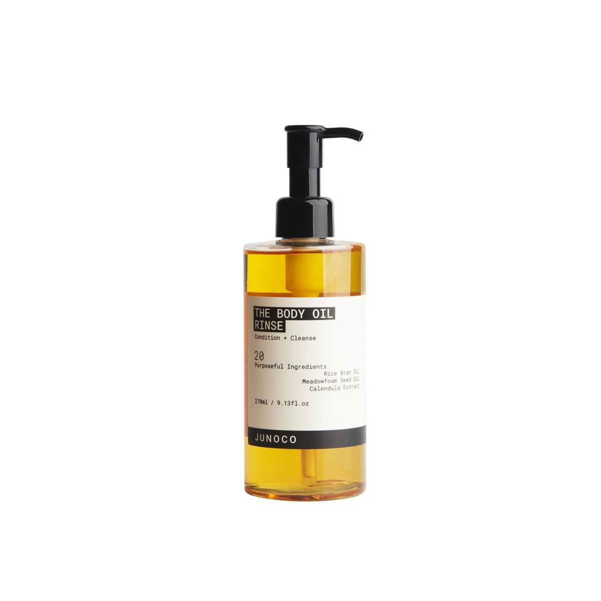 JUNO & Co. Body Oil Rinse Duschreiniger – Feuchtigkeitsspendende Körperwäsche mit Reiskleie, Wiesenschaumkraut & Ringelblume für trockene oder empfindliche Haut, tägliche Anwendung, 270 ml