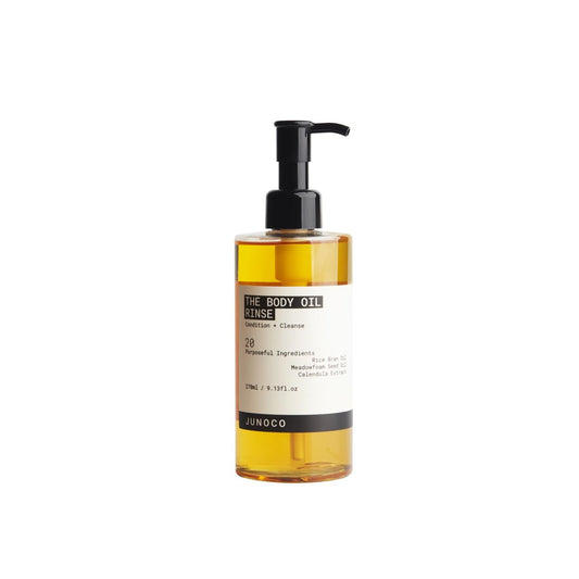 JUNO & Co. Body Oil Rinse Duschreiniger – Feuchtigkeitsspendende Körperwäsche mit Reiskleie, Wiesenschaumkraut & Ringelblume für trockene oder empfindliche Haut, tägliche Anwendung, 270 ml