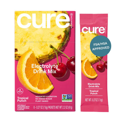Cure Hydration Pflanzliches Elektrolyt-Getränkepulver | Ohne Zuckerzusatz | Dehydrierungslinderung | Kokoswasserpulver | FSA-HSA-fähig | Nicht-GMO, Vegan | 8 Beutel – Tropical Punch