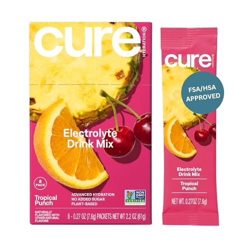 Cure Hydration Pflanzliches Elektrolyt-Getränkepulver | Ohne Zuckerzusatz | Dehydrierungslinderung | Kokoswasserpulver | FSA-HSA-fähig | Nicht-GMO, Vegan | 8 Beutel – Tropical Punch