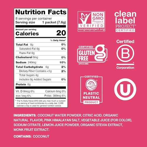 Cure Hydration Pflanzliches Elektrolyt-Getränkepulver | Ohne Zuckerzusatz | Dehydrierungslinderung | Kokoswasserpulver | FSA-HSA-fähig | Nicht-GMO, Vegan | 8 Beutel – Tropical Punch